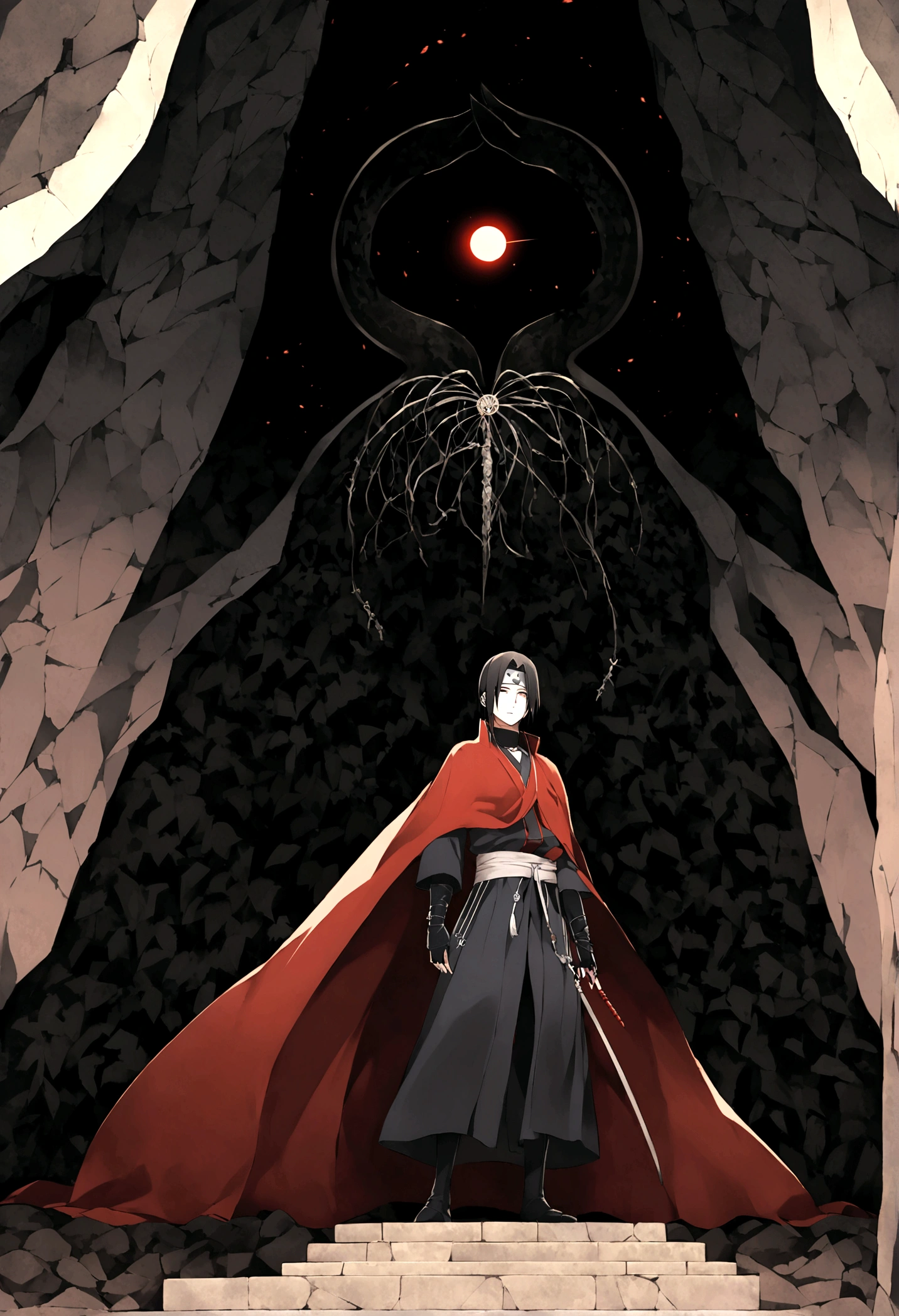 Enter the mysterious world of Uchiha Itachi, A mysterious and complex character. Wearing an iconic cape, Darkness seems to hang over him., It hints at the shadows of his past and the weight of his sacrifices.. His piercing gaze speaks of deep wisdom and sadness., It reflects the burden he carries as a ninja with a checkered past.. As a member of the renowned Uchiha clan, Itachi&#39;s presence exudes a blend of strength and restraint., The embodiment of family tradition and tragic history. His clothing features the distinctive Uchiha symbol, A reminder of his legacy and journey. In this depiction, Itachi appears as a terrifying and mysterious figure., He captivates the audience with his calm demeanor and puzzling expression.. His character is a tapestry of contradictions, A mix of dark and light, Strengths and Weaknesses, Immerse yourself in the mystery of Uchiha Itachi, Shadow and light dance on his face, Revealing just a small part of the complex tapestry that is his story. Explore the depths of his character and the legacy he left behind, In the ever-evolving world of ninjutsu and ninjutsu combat、Walking the fine line between darkness and salvation. Leaf Village symbol headband, The bottom of the band is metal.、It has black leather.