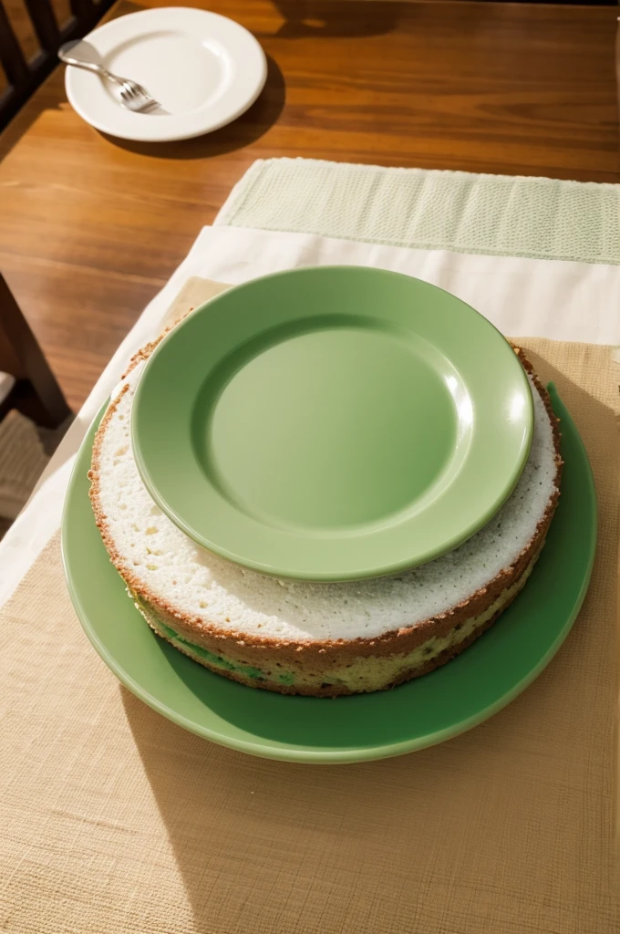 A green plate on the table,There is a small piece of cake on the plate,HD Photography,Depth of Field,Ultra-clear,Close Range。