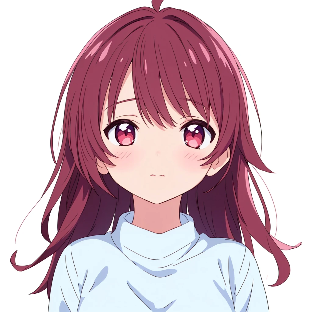 anime girl with simple hair and red eyes in white shirt, anime moe artstyle, anime visual of a cute girl, cute natural anime face, an anime girl, detailed anime soft face, perfect anime face, young anime girl, flat anime style shading, cute anime face, extremely cute anime girl face, (anime girl), anime style , (((simple hair)))