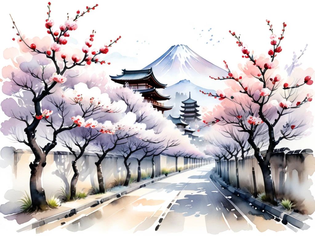 White background
a watercolor illustration of Japanese plum trees
Many fine plum trees are designed to slip between and between the traditional streets of old Japan
And the margin is a little wider, and the white background is a little wider
Tasteful, Japanese-style design
chic and modern design
monotone
The background is white
