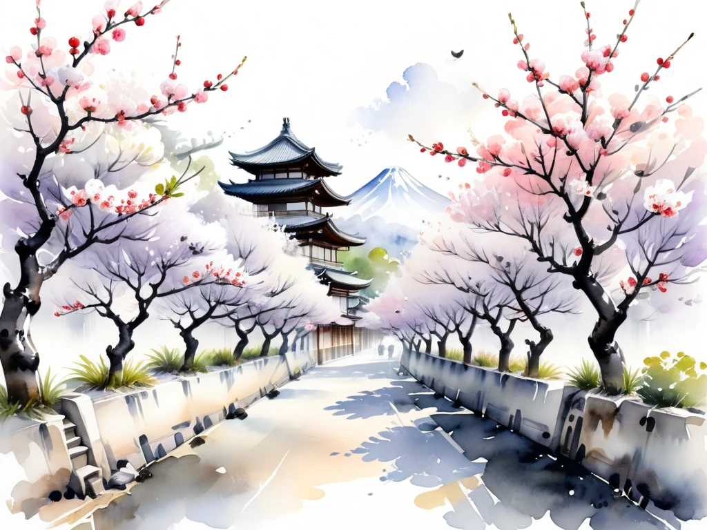 White background
a watercolor illustration of Japanese plum trees
Many fine plum trees are designed to slip between and between the traditional streets of old Japan
And the margin is a little wider, and the white background is a little wider
Tasteful, Japanese-style design
chic and modern design
monotone
The background is white