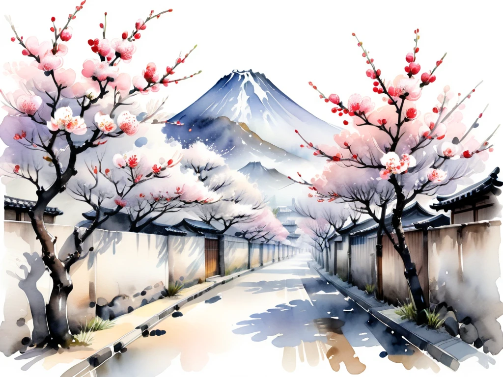 White background
a watercolor illustration of Japanese plum trees
Many fine plum trees are designed to slip between and between the traditional streets of old Japan
And the margin is a little wider, and the white background is a little wider
Tasteful, Japanese-style design
chic and modern design
monotone
The background is white