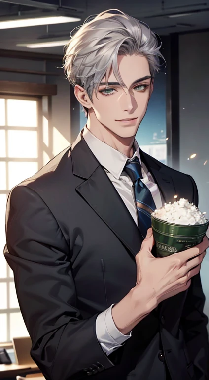 (Highest quality,4K,8K,High resolution,masterpiece:1.2),Super detailed,(Realistic,photoRealistic,photo-Realistic:1.37),1 person,31 years old,Mature Men,Beautiful skin、very handsome,Expressionless smile in love,Short gray silver hair,green eyes,Sharp Eyes,A perfect face without a doubt,Businessman,Office Background,Cinema Lighting,HDR image,tie、