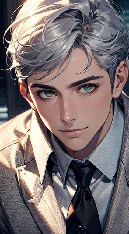 (Highest quality,4K,8K,High resolution,masterpiece:1.2),Super detailed,(Realistic,photoRealistic,photo-Realistic:1.37),1 person,31 years old,Mature Men,Beautiful skin、very handsome,Expressionless smile in love,Short gray silver hair,green eyes,Sharp Eyes,A perfect face without a doubt,Businessman,Office Background,Cinema Lighting,HDR image,tie、