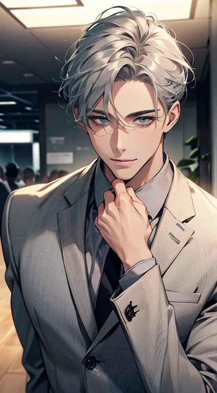 (Highest quality,4K,8K,High resolution,masterpiece:1.2),Super detailed,(Realistic,photoRealistic,photo-Realistic:1.37),1 person,31 years old,Mature Men,Beautiful skin、very handsome,Expressionless smile in love,Short gray silver hair,green eyes,Sharp Eyes,A perfect face without a doubt,Businessman,Office Background,Cinema Lighting,HDR image,tie、