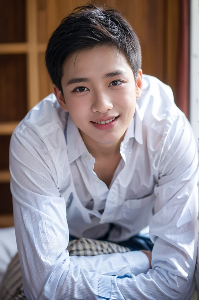 ((Highest quality, 8K, Masterpiece: 1.3))、Thailand Laos Burma Asia, Thai man, A handsome Asian rugby player with short hair, a muscular beard, and big muscles., 1A man who has、 yo、Good appearance、Beautiful nose、smile、 Detailed eyes and face、beautiful light、(studio)、high resolution、(Look at the viewer.)、Fine mouth、smile、whole body: 1.5, perfect shape: 1.3, looking at camera ,Gray button-down shirt , bedroom sunlight looking at the sea