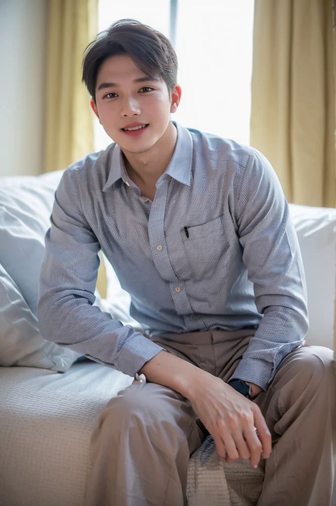 ((Highest quality, 8K, Masterpiece: 1.3))、Thailand Laos Burma Asia, Thai man, A handsome Asian rugby player with short hair, a muscular beard, and big muscles., 1A man who has、 yo、Good appearance、Beautiful nose、smile、 Detailed eyes and face、beautiful light、(studio)、high resolution、(Look at the viewer.)、Fine mouth、smile、whole body: 1.5, perfect shape: 1.3, looking at camera ,Gray button-down shirt , bedroom sunlight looking at the sea
