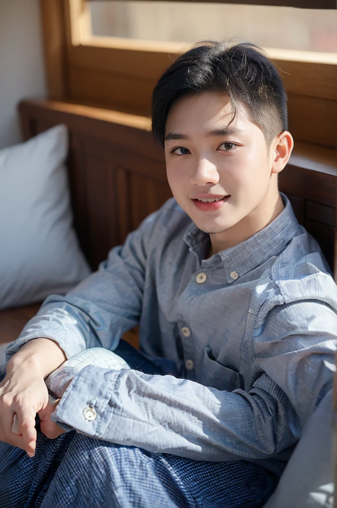 ((Highest quality, 8K, Masterpiece: 1.3))、Thailand Laos Burma Asia, Thai man, A handsome Asian rugby player with short hair, a muscular beard, and big muscles., 1A man who has、 yo、Good appearance、Beautiful nose、smile、 Detailed eyes and face、beautiful light、(studio)、high resolution、(Look at the viewer.)、Fine mouth、smile、whole body: 1.5, perfect shape: 1.3, looking at camera ,Gray button-down shirt , bedroom sunlight looking at the sea