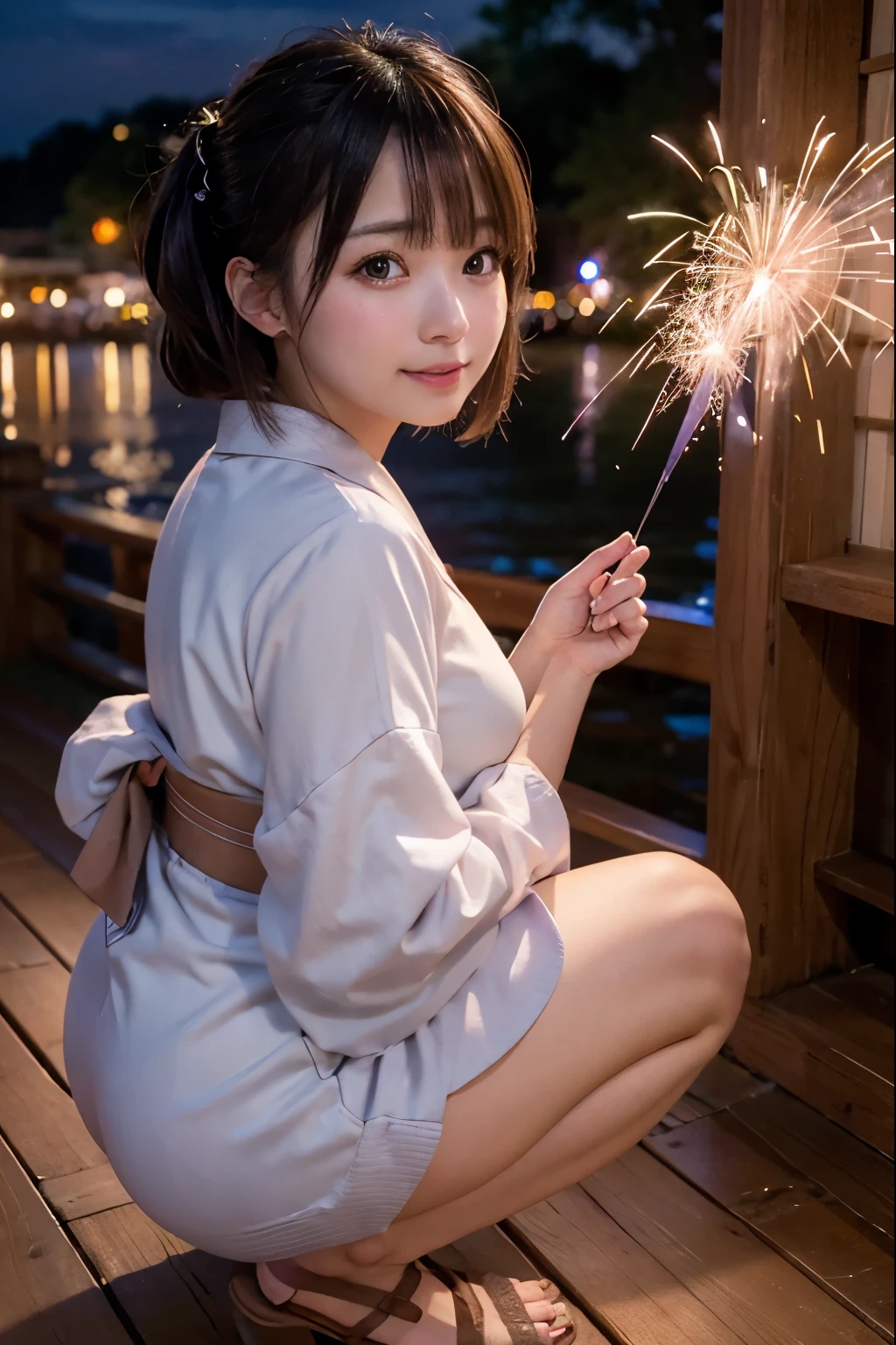 Perfectly Anatomically Correct:1.0, 5 Beautiful finger:1.6, 
1 Japanese Girl, Very Short Bob Cut:1.2, Wide-Set Eyes, Very White Skinned, Blush, Bashfully, -Yeld, O Mouse Slightly, 
Cute Eyes, Brown Hair, Wet Hair, Light Smiling, Cheerful, 
(Turning Japanese Sparklers Below:1.6), 
Squatting, Japanese Clothes, Kimono, Yukata, 
Non-Nipple:1.2, 
Looking Up Viewer:1.2, 
Twilight:1.4, Irrigation Canal, Paddy Field, Water Reflection, 
 BREAK 
8K, RAW Photo, Best Quality, Masterpiece, Realistic, PhotoRealistic, Extremely Detailed 8K Wallpaper, Beautifully Detailed Eyes, Finely Detailed Face, POV Shot, 
 BREAK 
High-Key Lighting, Professional Lighting, Bokeh:1.0