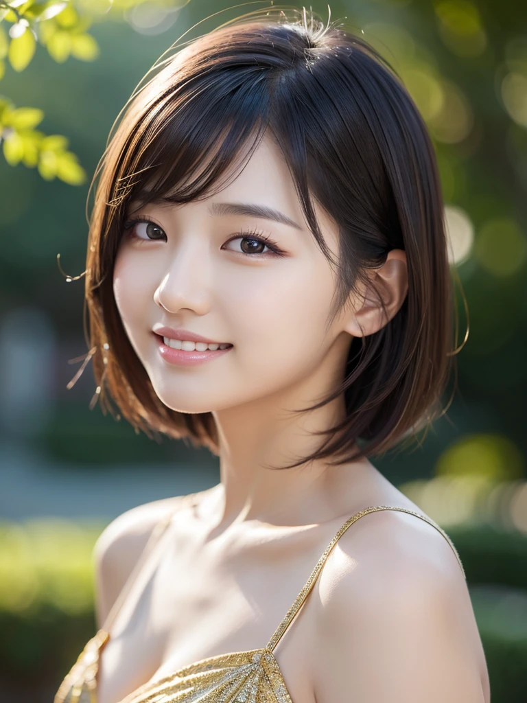 masterpiece, 1 beautiful girl, Detailed eyes, Swollen eyes, Highest quality, 超High resolution, (reality: 1.4), Light, Japanese, Fashion Korean cosmetics、Asian Beauties, really beautiful, Beautiful skins, Thinness, Forward-facing body, (Ultra-realistic), (High resolution), (8K), (Very detailed), ( Best illustrations), (Beautiful and detailed eyes), (Super detailed), (wallpaper), Detailed face, Bright lighting, Professional Lighting, View your viewers, Staring straight ahead、short hair、Neat and clean clothes、The background is a bit blurred、Hair color is black、Great smile、Eye is brown、