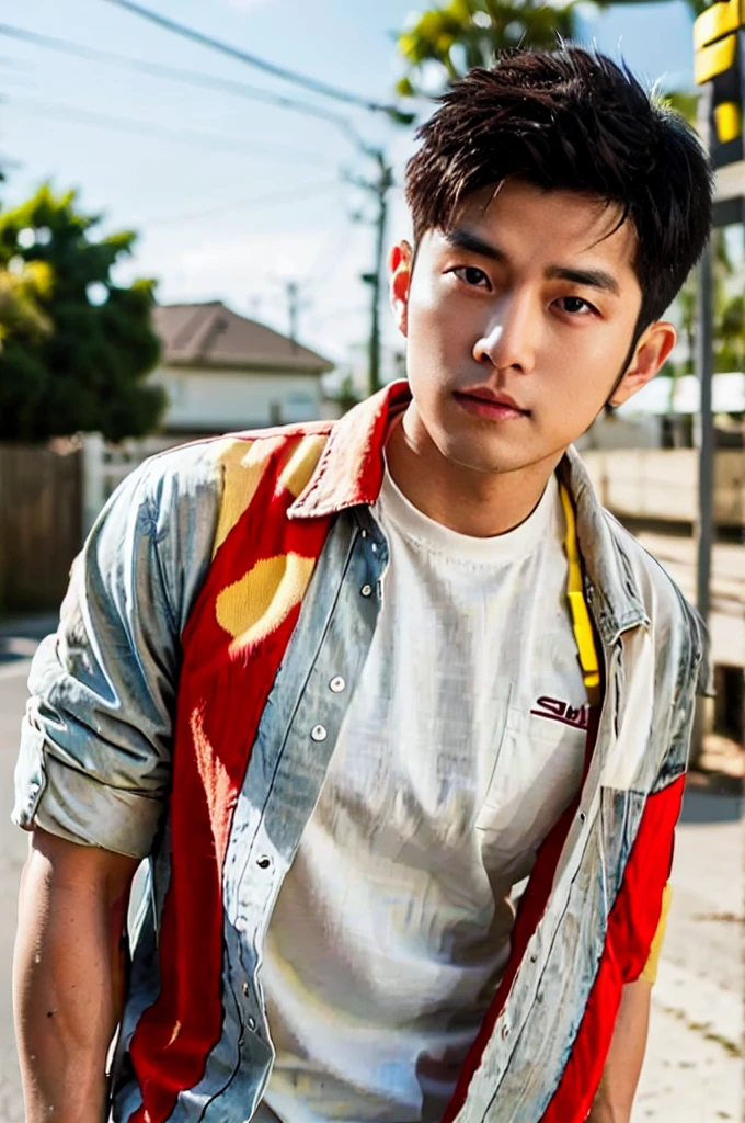 A young Asian man with large muscles looks at the camera. In a yellow, red and white button-up shirt. , measure , Normal sunlight