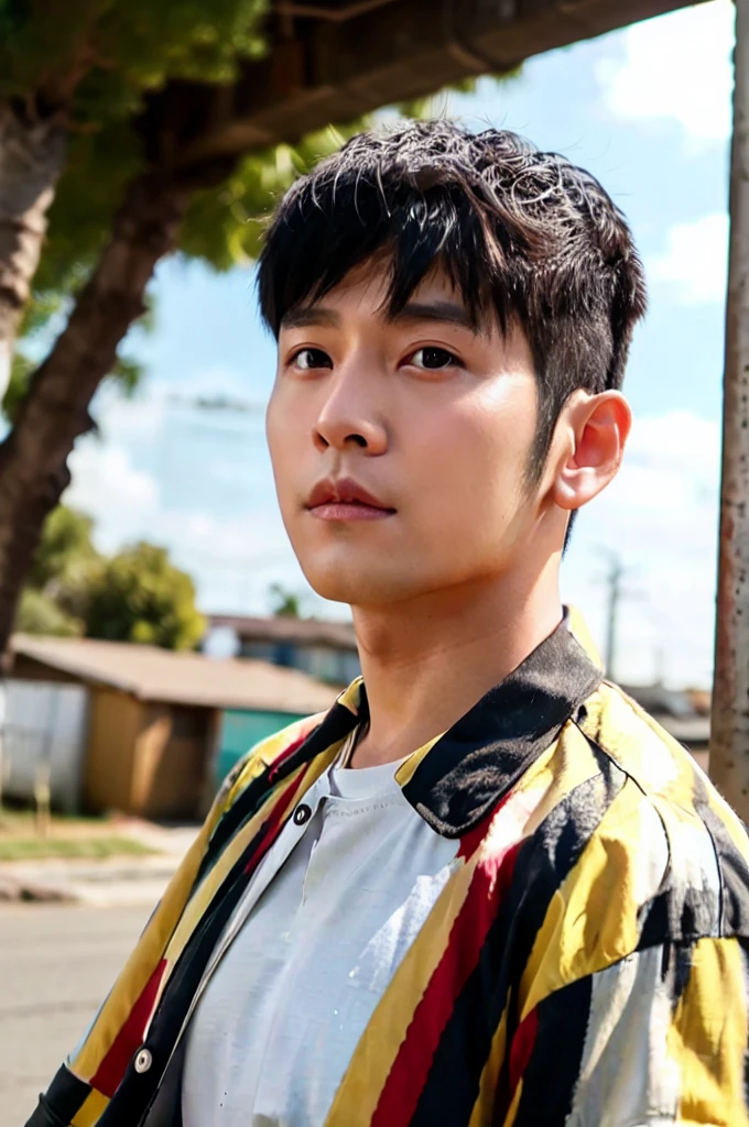 A young Asian man with large muscles looks at the camera. In a yellow, red and white button-up shirt. , measure , Normal sunlight