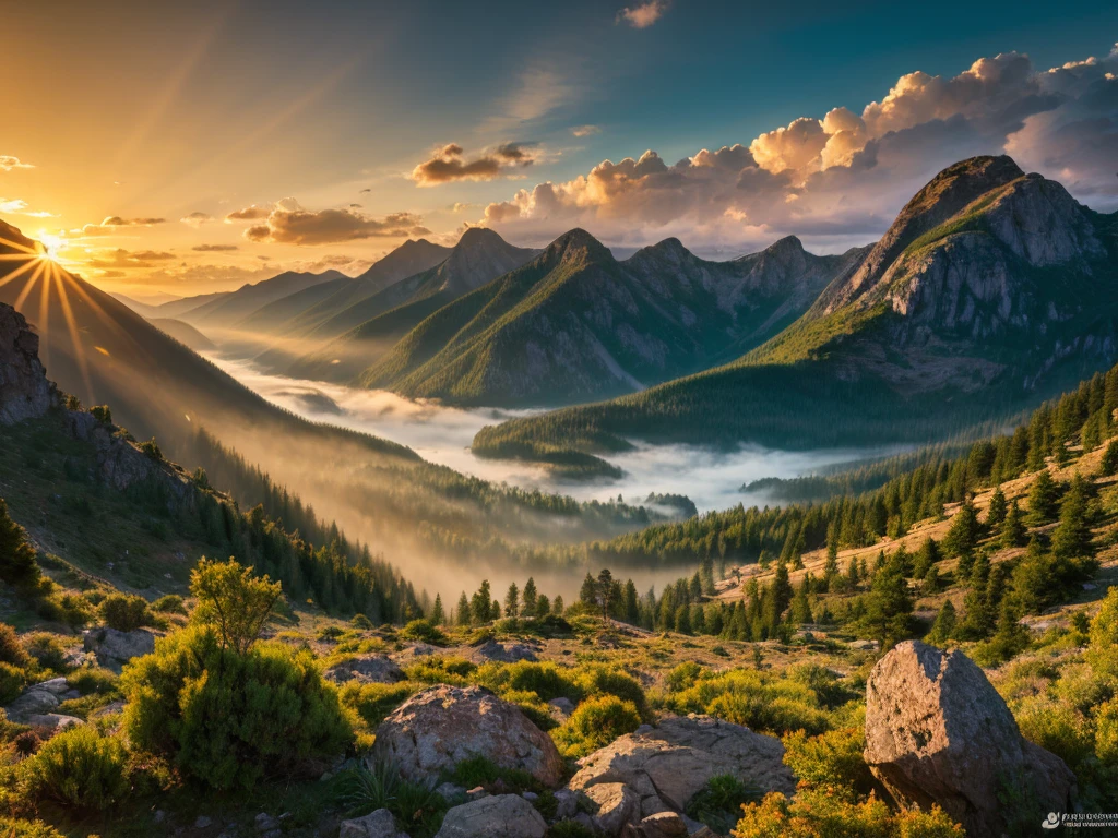 a breathtaking sunset in the mountains, dramatic mountains silhouetted against the sky, vibrant warm colors, sun rays streaming through clouds, atmospheric fog, detailed rocky terrain, lush green foliage, serene lake reflecting the sky, birds flying in the distance, (best quality,8k,highres,masterpiece:1.2),ultra-detailed,photorealistic,dramatic lighting,cinematic composition,muted color palette,golden hour,epic landscape