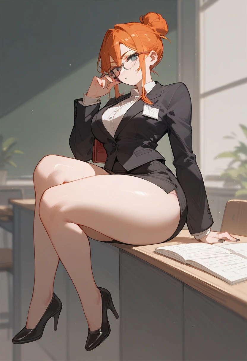 pale woman, ginger hair in a bun, glasses, tight black blazer, black pencil skirt, black pumps, thick thighs, large thighs, wide hips, strict teacher, full body shown including feet