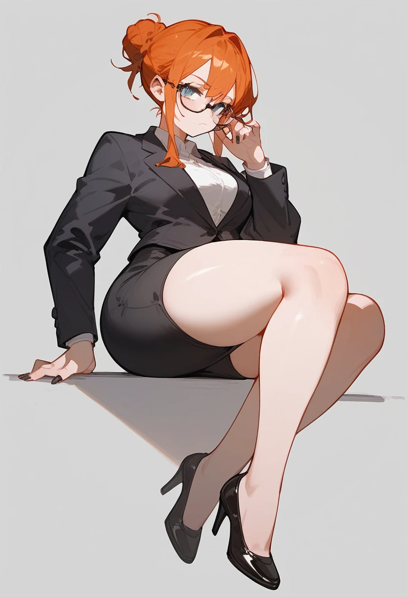 pale woman, ginger hair in a bun, glasses, tight black blazer, black pencil skirt, black pumps, thick thighs, large thighs, wide hips, strict teacher, full body shown including feet