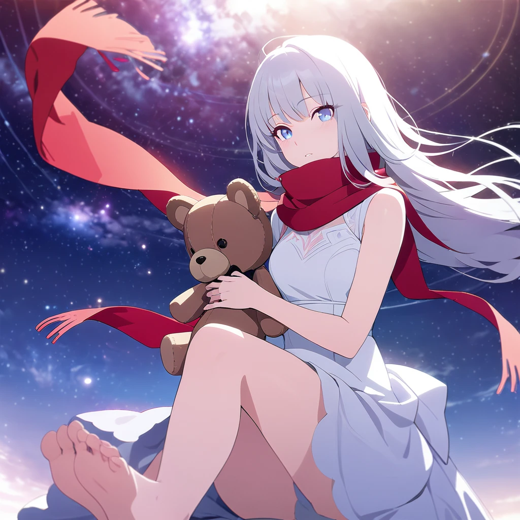 (((masterpiece))), (((best quality))),(((high detail))),light manipulation, girl with long silver hair, gradient purple to sky blue eyes, wearing a white dress, a red scarf, galaxy background, holding a teddy bear, feet, no footwear