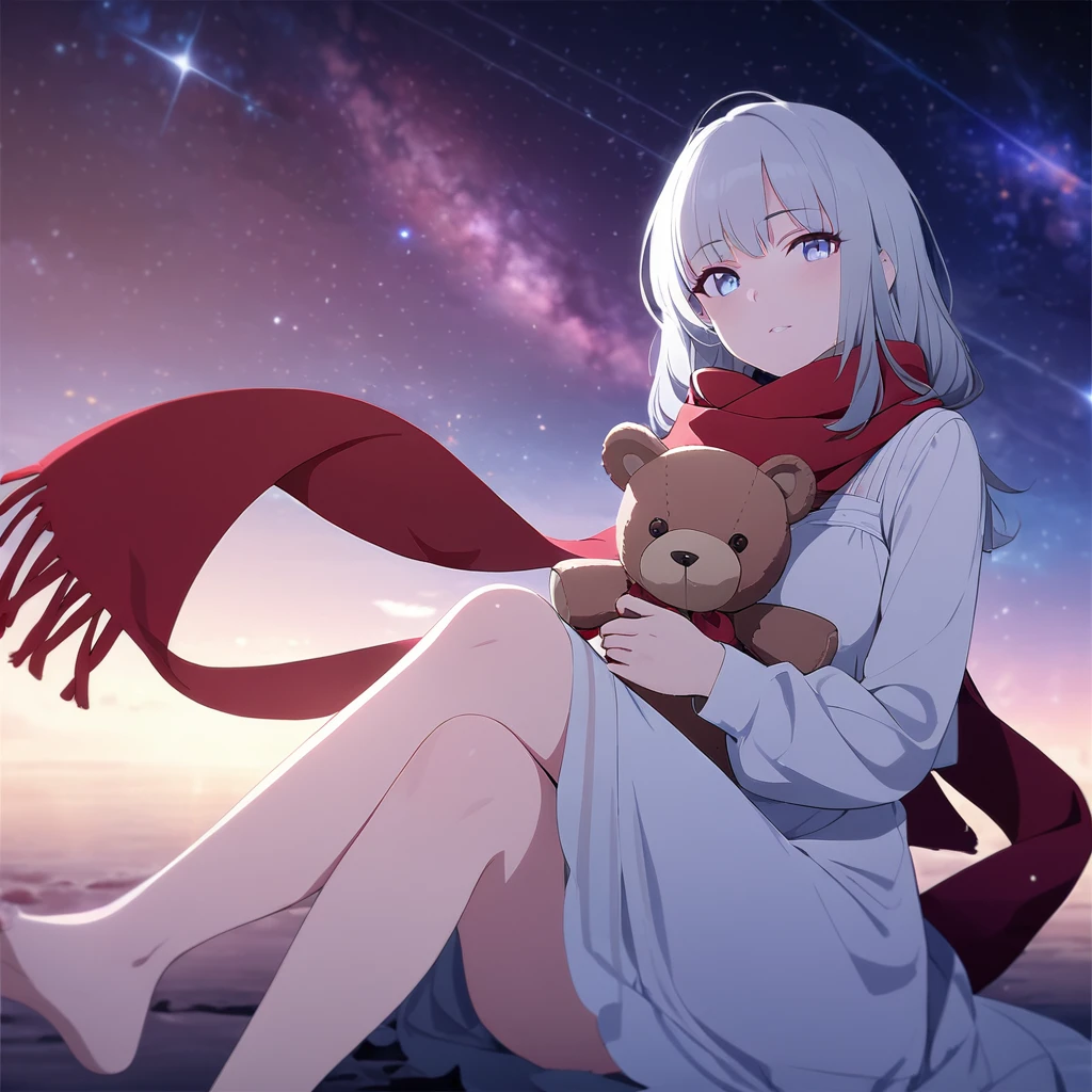 (((masterpiece))), (((best quality))),(((high detail))),light manipulation, girl with long silver hair, gradient purple to sky blue eyes, wearing a white dress, a red scarf, galaxy background, holding a teddy bear, feet, no footwear