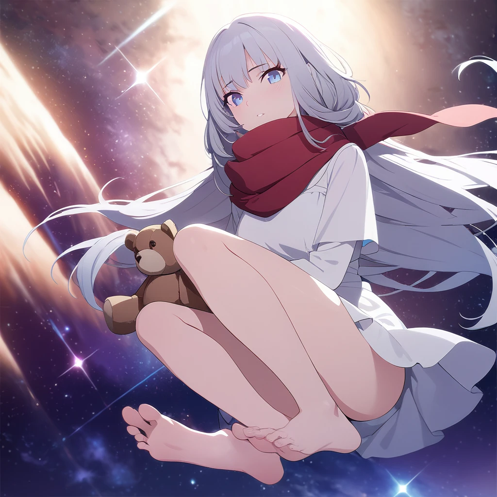(((masterpiece))), (((best quality))),(((high detail))),light manipulation, girl with long silver hair, gradient purple to sky blue eyes, wearing a white dress, a red scarf, galaxy background, holding a teddy bear, feet, no footwear