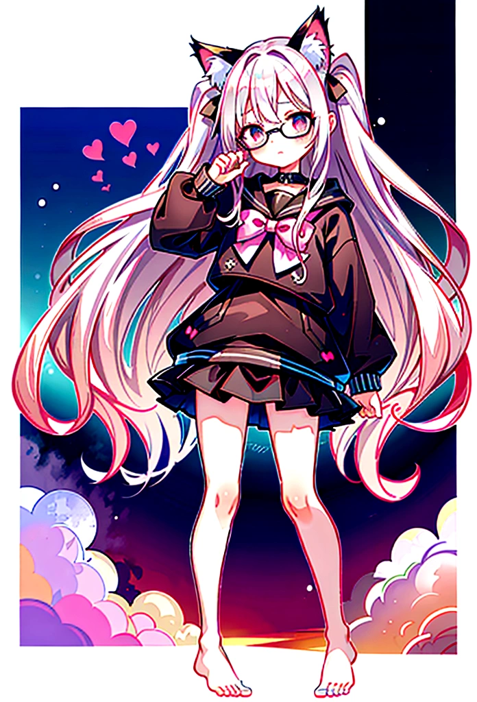 I have white pink hair, cat ears, a bow, my face is super blushing, black glasses, pink heart eyes, a big pink sweatshirt, a black skirt, black stockings, what's up, barefoot, a cat's tail, a girl Very shy