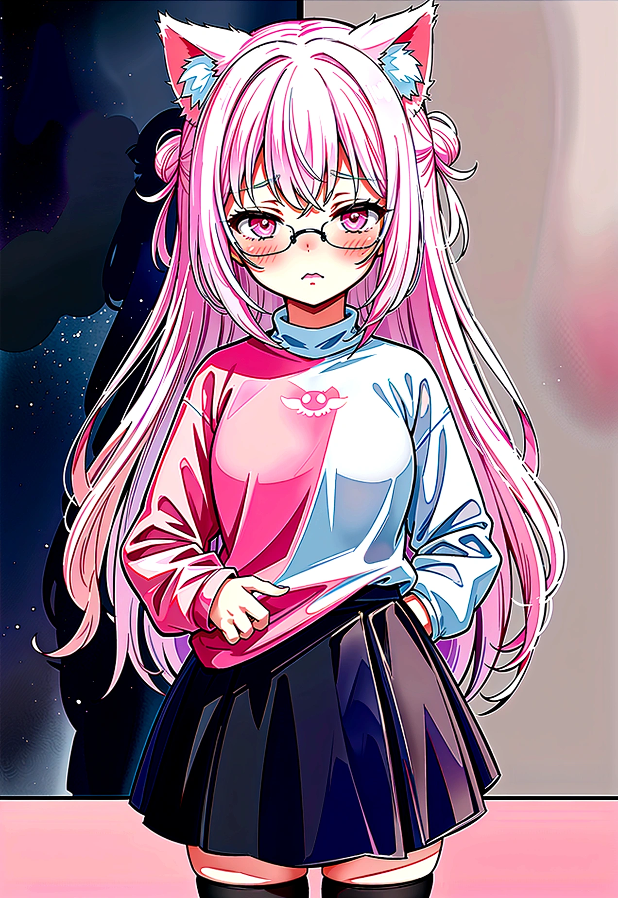 I have white pink hair, cat ears, a bun, my face is super blushing, black glasses, pink heart eyes, a big pink sweatshirt, a black skirt, black stockings, white shoes, a cat&#39;s tail, a girl. very shy that she is glued to a wall with her butt