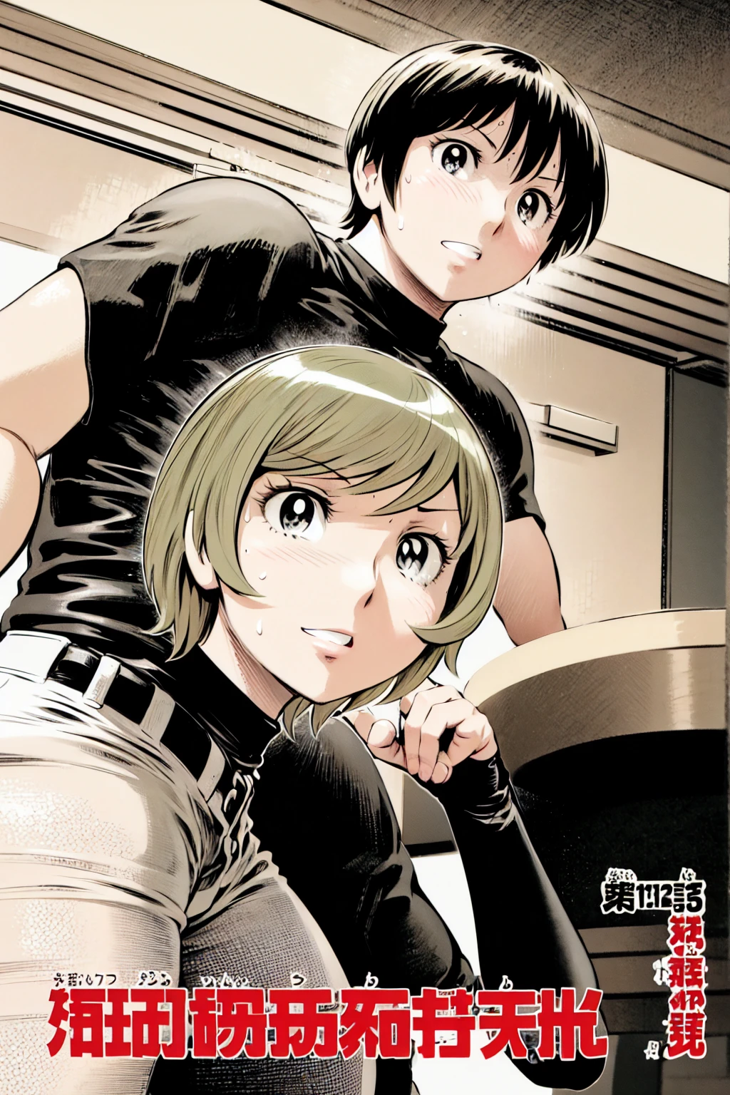 、(masterpiece、Highest quality)、Highest quality, Ultra-high resolution, (((masterpiece))), alone, Sweat、Big eyes,Tight black shirt、Tight white pants、belt、indoor、Composition from the front、(Cut the back hair short、short hair、blonde、woman)、Shortcuts、Embarrassed face、Cut your hair short、可愛いwomanの子、Big Breasts、office