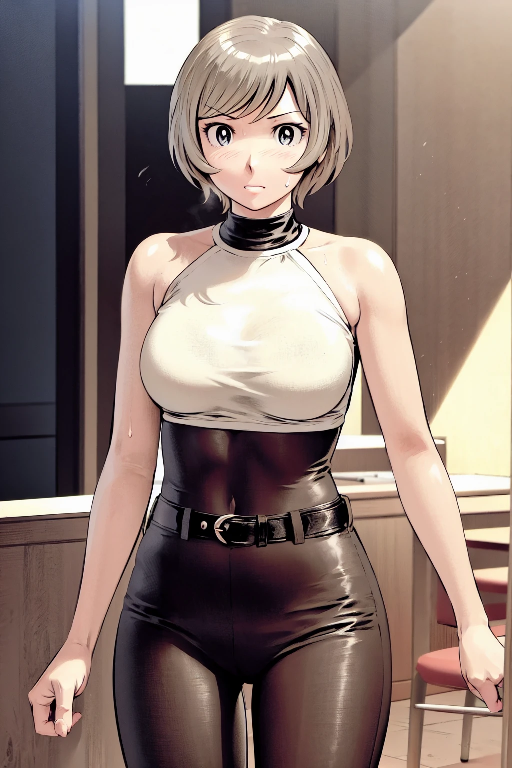 (Baseball uniforms:1.2),
blonde, (short hair:1.2),White trousers、Black belt、((Illustration of people))、Tube top bra、
View your viewers,, (Highest quality:1.3), White pants、Outdoor、baseball ground、ground、soil、blue eyeasterpiece、Highest quality)、Highest quality, Ultra-high resolution, (((masterpiece))), alone, Sweat、Big eyes、Large breasts、Torn clothes、 Fully exposed、Nipples、One Girl, Front view、Embarrassed face、Bronze colored hair、((short hair))、Stand up straight、Cowboy Shot