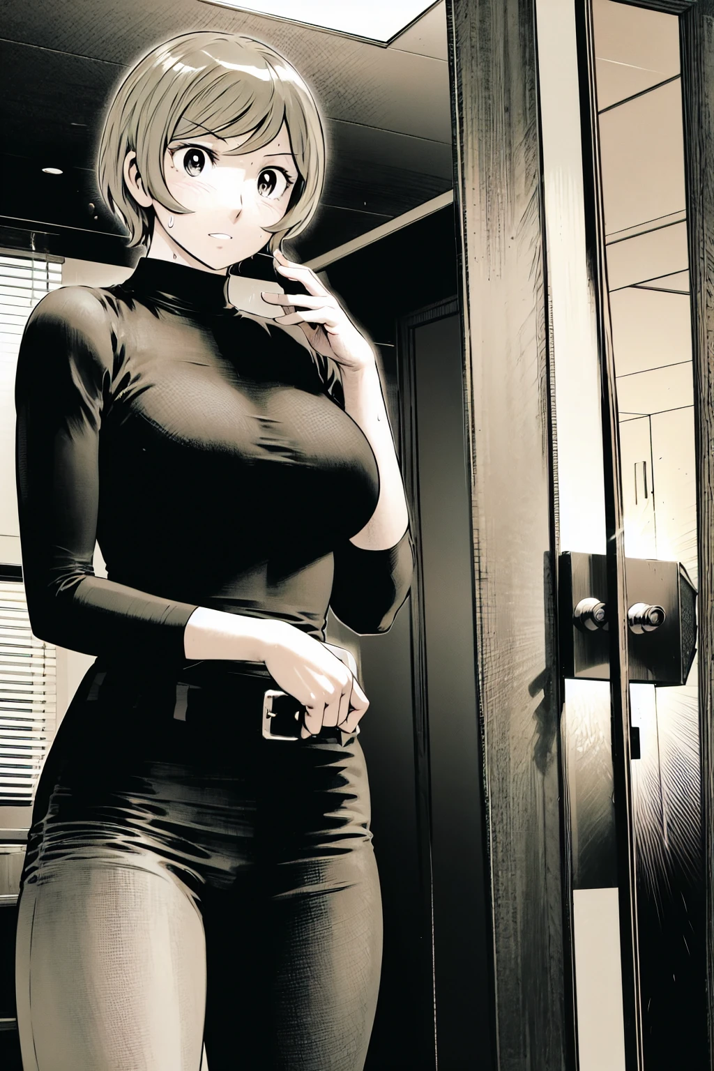 、(masterpiece、Highest quality)、Highest quality, Ultra-high resolution, (((masterpiece))), alone, Sweat、Big eyes,Tight black shirt、Tight white pants、belt、indoor、Composition from the front、(Cut the back hair short、short hair、blonde、woman)、Shortcuts、Embarrassed face、Cut your hair short、可愛いwomanの子、Big Breasts、office