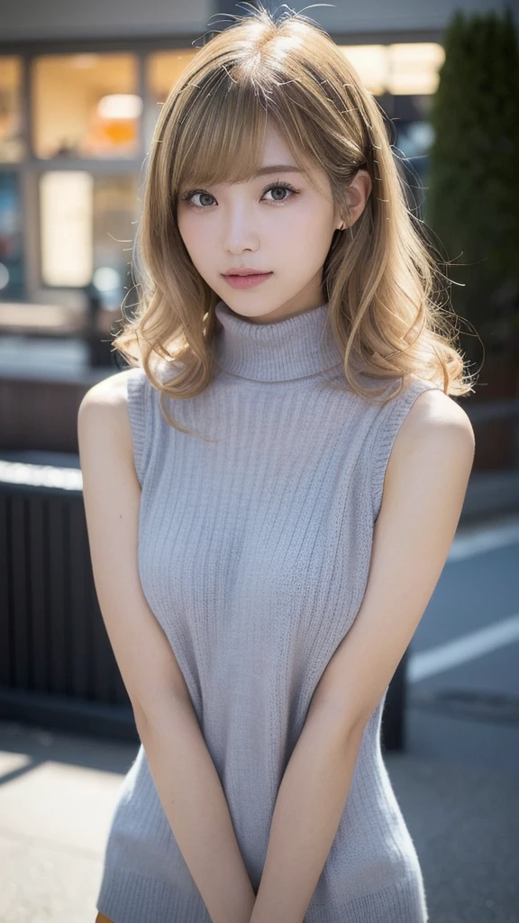 Tabletop, highest quality, Realistic, In detail, High resolution, 8k wallpaper, Perfect dynamic composition, Beautiful details, Medium Hair, Random sexy poses,Chest to chest、(Very Small Mock Neck Crop Tank Top White Knitwear)、Laughter、Open your mouth、Resort scenery、23 years old、(Droopy Eyes 1.4)、Adult Beauty、Japanese