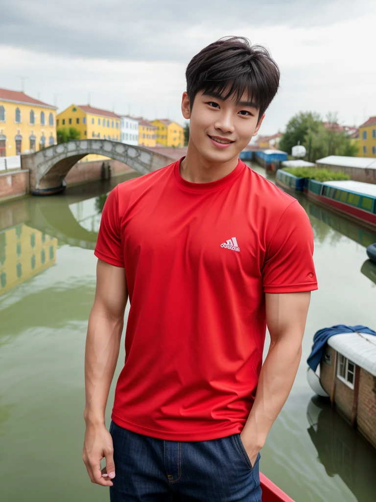 独奏: 1.5, (As a matter of fact, Masterpiece, 8k HD, good light quality, sportswear, fit the face, complicated details), A handsome Korean young man with muscular arms. , 20 years old, be happy, smile brightly, detailed face, delicate eyes, look at the sky, Wear a tight red t-shirt.:1.6 ,Wear a denim coat., jeans period, black eyes, Black hair color, ผมsmooth, smooth，Surreal，Awesome details，Highest quality，real，Open your mouth to talk. , Close your eyes., (Standing beside the canal bridge:1.5)