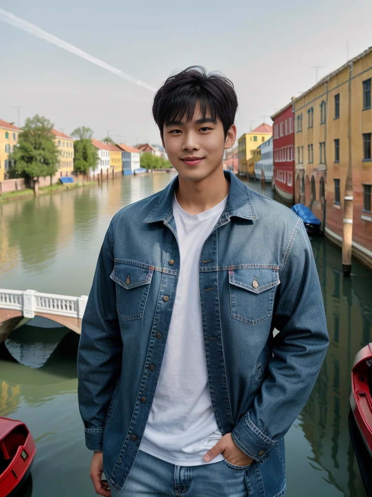 独奏: 1.5, (As a matter of fact, Masterpiece, 8k HD, good light quality, sportswear, fit the face, complicated details), A handsome Korean young man with muscular arms. , 20 years old, be happy, smile brightly, detailed face, delicate eyes, look at the sky, Wear a tight red t-shirt.:1.6 ,Wear a denim coat., jeans period, black eyes, Black hair color, ผมsmooth, smooth，Surreal，Awesome details，Highest quality，real，Open your mouth to talk. , Close your eyes., (Standing beside the canal bridge:1.5)