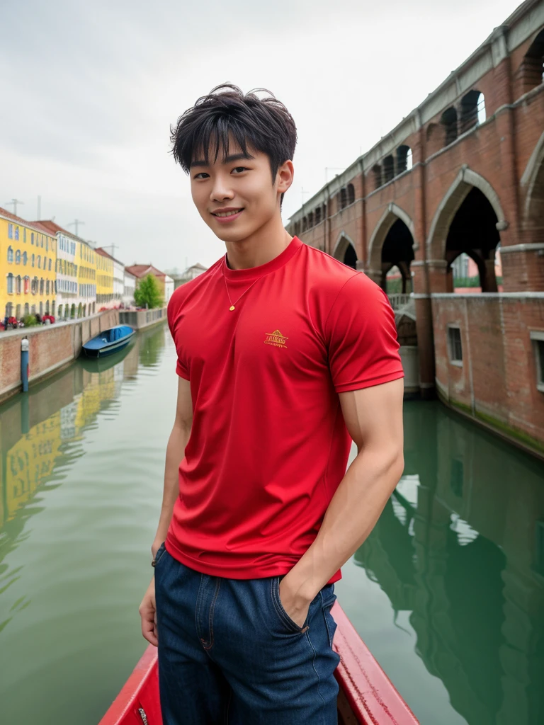 独奏: 1.5, (As a matter of fact, Masterpiece, 8k HD, good light quality, sportswear, fit the face, complicated details), A handsome Korean young man with muscular arms. , 20 years old, be happy, smile brightly, detailed face, delicate eyes, look at the sky, Wear a tight red t-shirt.:1.6 ,Wear a denim coat., jeans period, black eyes, Black hair color, ผมsmooth, smooth，Surreal，Awesome details，Highest quality，real，Open your mouth to talk. , Close your eyes., (Standing beside the canal bridge:1.5)