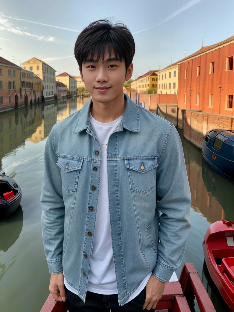 独奏: 1.5, (As a matter of fact, Masterpiece, 8k HD, good light quality, sportswear, fit the face, complicated details), A handsome Korean young man with muscular arms. , 20 years old, be happy, smile brightly, detailed face, delicate eyes, look at the sky, Wear a tight red t-shirt.:1.6 ,Wear a denim coat., jeans period, black eyes, Black hair color, ผมsmooth, smooth，Surreal，Awesome details，Highest quality，real，Open your mouth to talk. , Close your eyes., (Standing beside the canal bridge:1.5)