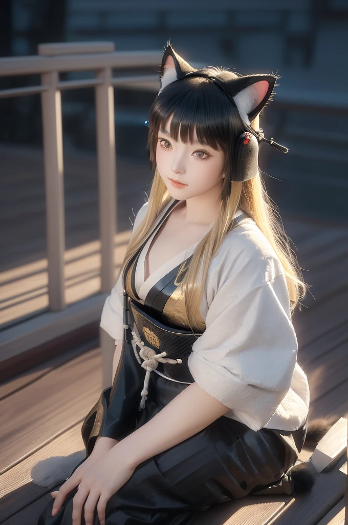 (highest quality, highest quality, high-quality illustrations, masterpiece, ultra-high resolution, detailed background, night scene, very beautiful 7+ year old girl, absurdly beautiful face and eyes, perfect anatomy, performance, good lighting, shadows like in movies, kemono, furry personification, various poses, dynamic angles, panda-themed girl, blonde hair, wearing cat ears (put on cat ears), wearing Japanese heritage samurai armor and helmet, wearing Japanese samurai helmet)