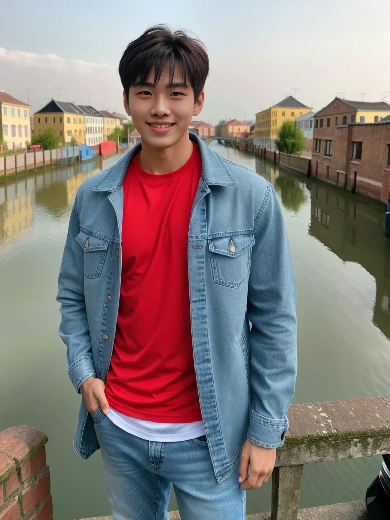 独奏: 1.5, (As a matter of fact, Masterpiece, 8k HD, good light quality, sportswear, fit the face, complicated details), A handsome Korean young man with muscular arms. , 20 years old, be happy, smile brightly, detailed face, delicate eyes, look at the sky, Wear a tight red t-shirt.:1.6 ,Wear a denim coat., jeans period, black eyes, Black hair color, ผมsmooth, smooth，Surreal，Awesome details，Highest quality，real，Open your mouth to talk. , Close your eyes., (Standing beside the canal bridge:1.5)