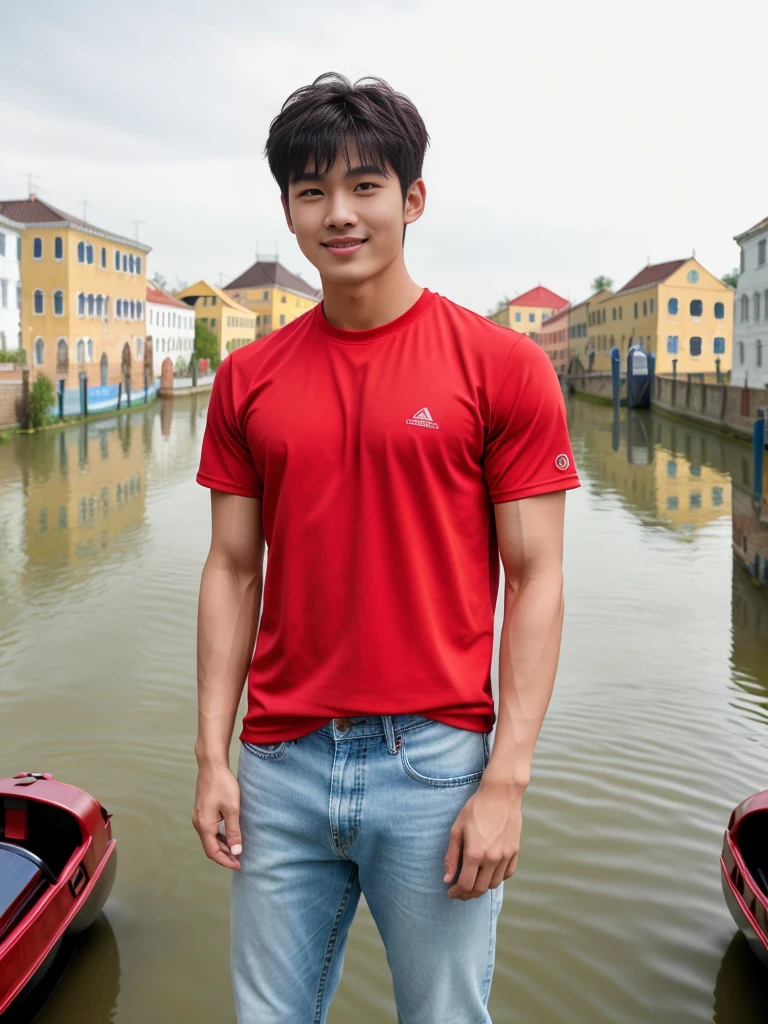 独奏: 1.5, (As a matter of fact, Masterpiece, 8k HD, good light quality, sportswear, fit the face, complicated details), A handsome Korean young man with muscular arms. , 20 years old, be happy, smile brightly, detailed face, delicate eyes, look at the sky, Wear a tight red t-shirt.:1.6 ,Wear a denim coat., jeans period, black eyes, Black hair color, ผมsmooth, smooth，Surreal，Awesome details，Highest quality，real，Open your mouth to talk. , Close your eyes., (Standing beside the canal bridge:1.5)