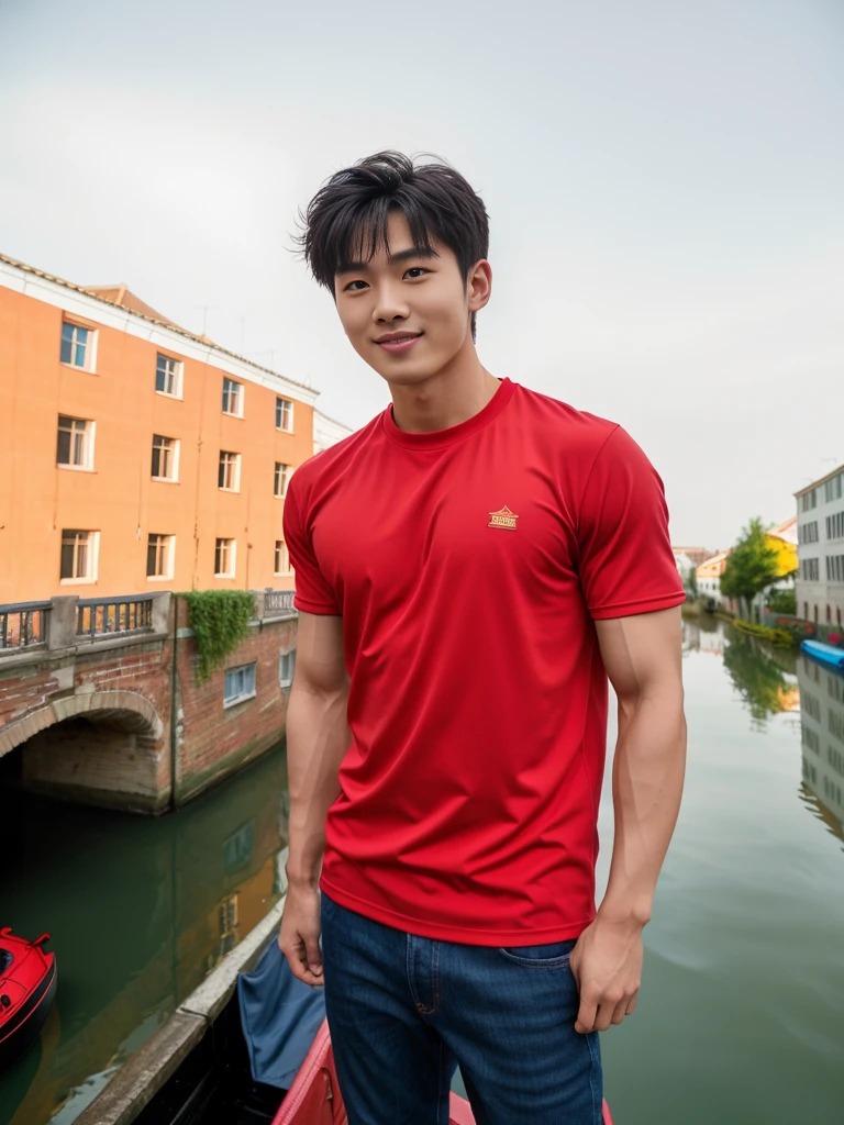 独奏: 1.5, (As a matter of fact, Masterpiece, 8k HD, good light quality, sportswear, fit the face, complicated details), A handsome Korean young man with muscular arms. , 20 years old, be happy, smile brightly, detailed face, delicate eyes, look at the sky, Wear a tight red t-shirt.:1.6 ,Wear a denim coat., jeans period, black eyes, Black hair color, ผมsmooth, smooth，Surreal，Awesome details，Highest quality，real，Open your mouth to talk. , Close your eyes., (Standing beside the canal bridge:1.5)
