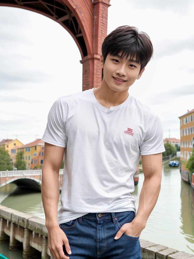 独奏: 1.5, (As a matter of fact, Masterpiece, 8k HD, good light quality, sportswear, fit the face, complicated details), A handsome Korean young man with muscular arms. , 20 years old, be happy, smile brightly, detailed face, delicate eyes, look at the sky, Wear a tight red t-shirt.:1.6 ,Wear a denim coat., jeans period, black eyes, Black hair color, ผมsmooth, smooth，Surreal，Awesome details，Highest quality，real，Open your mouth to talk. , Close your eyes., (Standing beside the canal bridge:1.5)