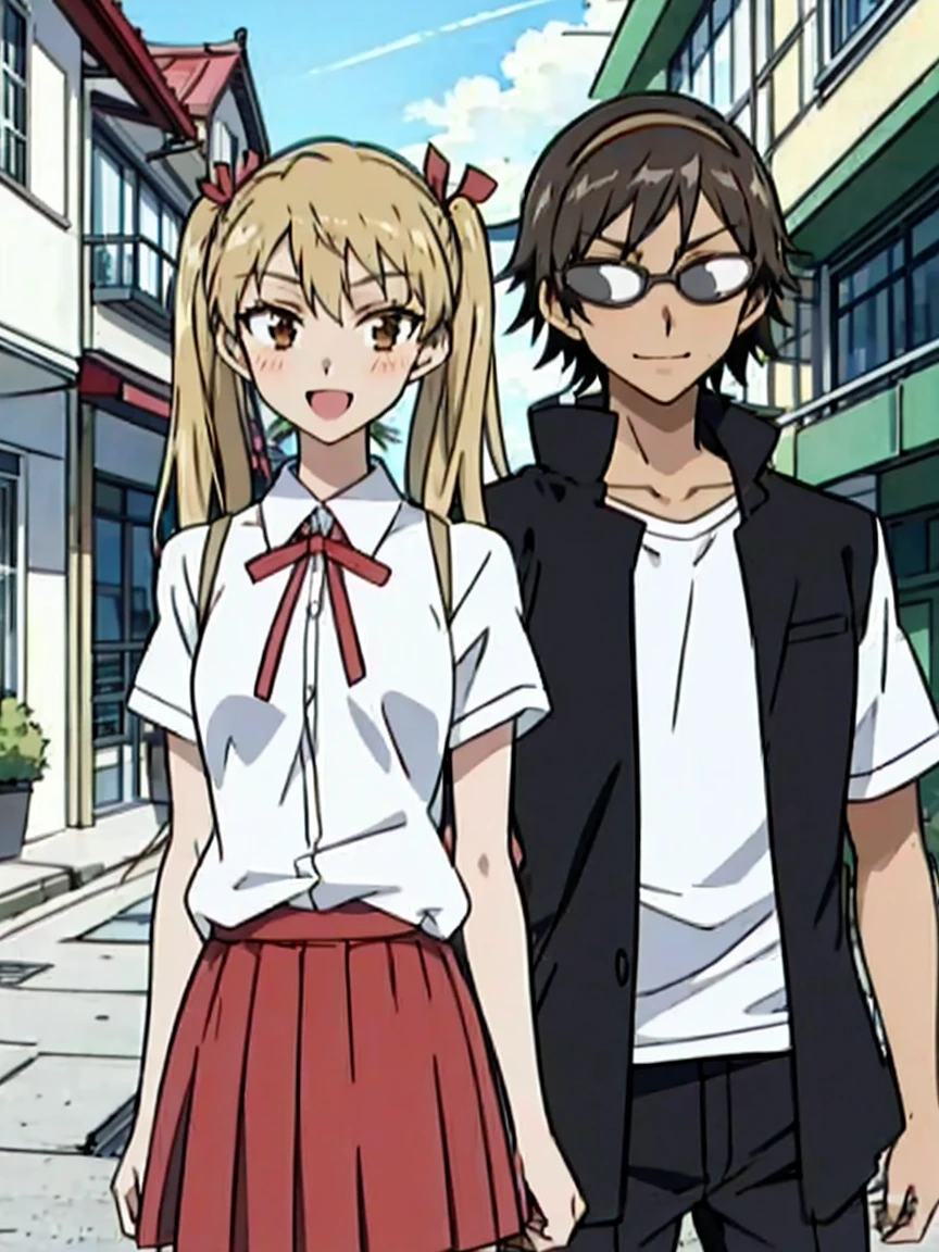 1 boy and 1 girl stand in the street,twintails,sawachika eri, brown eyes, hair ribbon,harimakenji, glasses, ,school uniform, red pleated skirt,eri,hairband, looking_at_viewer, serious, gakuran, white_shirt,smile,happy,two persons