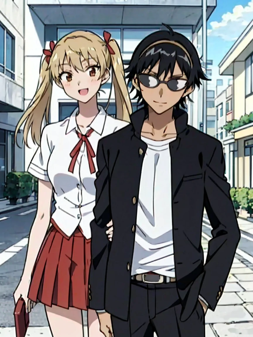 1 boy and 1 girl stand in the street,twintails,sawachika eri, brown eyes, hair ribbon,harimakenji, glasses, ,school uniform, red pleated skirt,eri,hairband, looking_at_viewer, serious, gakuran, white_shirt,smile,happy,two persons