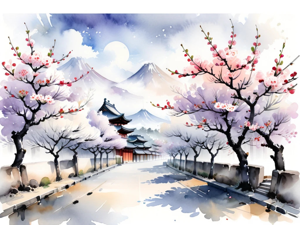White background
a watercolor illustration of Japanese plum trees
Many fine plum trees are designed to slip between and between the traditional streets of old Japan
Tasteful, Japanese-style chic and modern monotone design The background is white Lots of white space