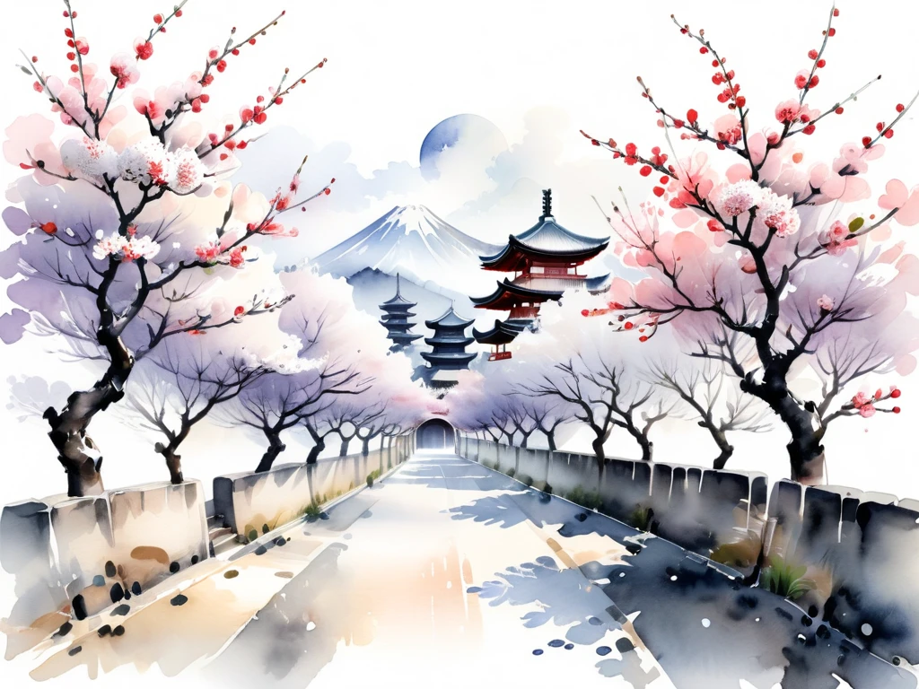 White background
a watercolor illustration of Japanese plum trees
Many fine plum trees are designed to slip between and between the traditional streets of old Japan
Tasteful, Japanese-style chic and modern monotone design The background is white Lots of white space