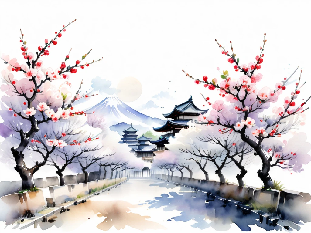 White background
a watercolor illustration of Japanese plum trees
Many fine plum trees are designed to slip between and between the traditional streets of old Japan
Tasteful, Japanese-style chic and modern monotone design The background is white Lots of white space