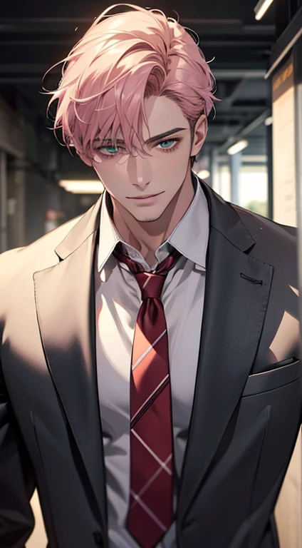(Highest quality,4K,8K,High resolution,masterpiece:1.2),Super detailed,(Realistic,photoRealistic,photo-Realistic:1.37),1 person,31 years old,Mature Men,Beautiful skin、very handsome,Expressionless smile in love,Short pink hair,green eyes,Sharp Eyes,A perfect face without a doubt,Businessman,Office Background,Cinema Lighting,HDR image,tie、