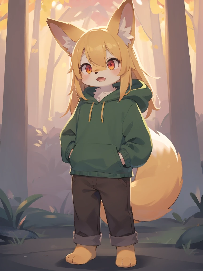 flat color, shota the fox, , was hairy, shaggy, skin fur, smooth lashes, golden fur, forelimb hands, straight long blonde hair, solid circle eyes, golden ears, golden fur, golden facial fur, shiny hair, red eyes, super cute face, 1fox tail, fluffy tail, furry tail, glowing eyes, green coat green hood down, brown trousers, standing, open mouth, ambient light, ultra-fine fur, dashed eyes, (full body), masterpiece, high quality, high-details, best quality, wide short, (((solo)))