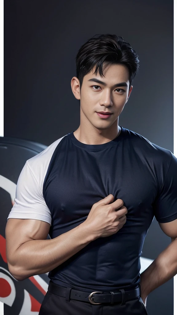 (Create a masterpiece: 1.2),(CGI art:1.3),(realistic:1.5),(After processing:1.3), (Sharp focus:1.3), 1 man, open mouth, smile, (Navy blue round neck shirt:1.3), Navy cargo pants, Korean guy , korean men, (High gloss details), chest muscles, large arm muscles, blood vessel, Big muscles, Broad shoulders, looking at the audience, Balancing the eyes, bedroom