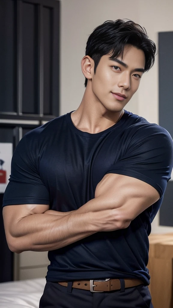 (Create a masterpiece: 1.2),(CGI art:1.3),(realistic:1.5),(After processing:1.3), (Sharp focus:1.3), 1 man, open mouth, smile, (Navy blue round neck t-shirt:1.3), Navy cargo pants, Korean guy , korean men, (High gloss details), chest muscles, large arm muscles, blood vessel, Big muscles, Broad shoulders, looking at the audience, Balancing the eyes, bedroom, Sexy pose