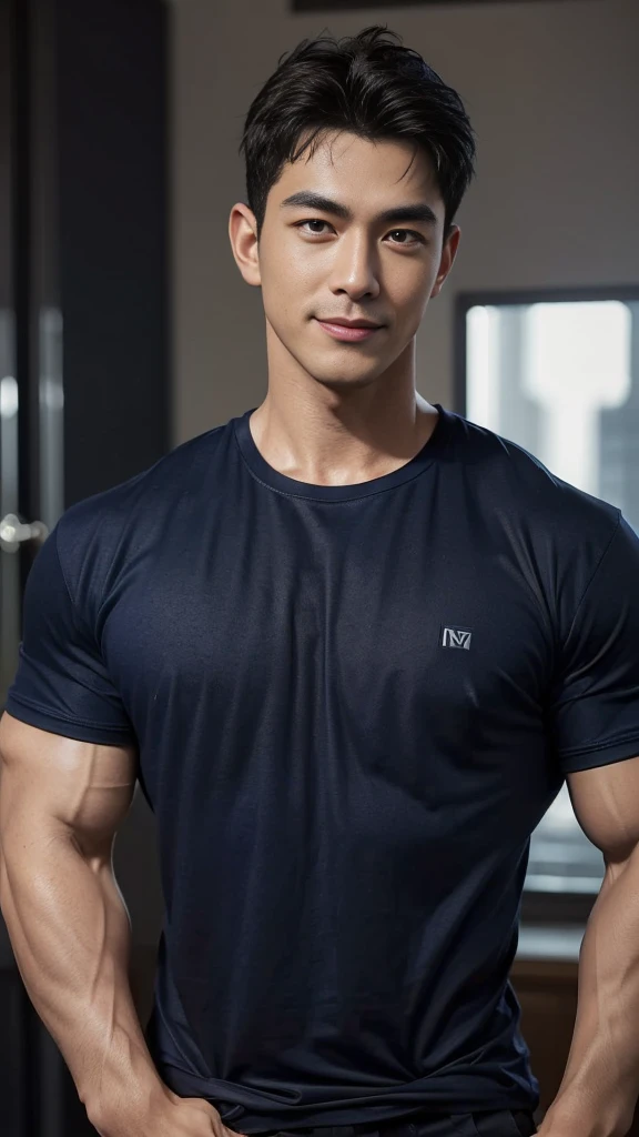 (Create a masterpiece: 1.2),(CGI art:1.3),(realistic:1.5),(After processing:1.3), (Sharp focus:1.3), 1 man, open mouth, smile, (Navy blue round neck t-shirt:1.3), Navy cargo pants, Korean guy , korean men, (High gloss details), chest muscles, large arm muscles, blood vessel, Big muscles, Broad shoulders, looking at the audience, Balancing the eyes, bedroom, Sexy pose