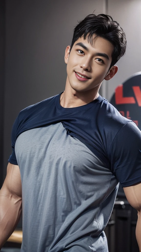 (Create a masterpiece: 1.2),(CGI art:1.3),(realistic:1.5),(After processing:1.3), (Sharp focus:1.3), 1 man, open mouth, smile, (Navy blue round neck t-shirt:1.3), Navy cargo pants, Korean guy , korean men, (High gloss details), chest muscles, large arm muscles, blood vessel, Big muscles, Broad shoulders, looking at the audience, Balancing the eyes, bedroom, Sexy pose