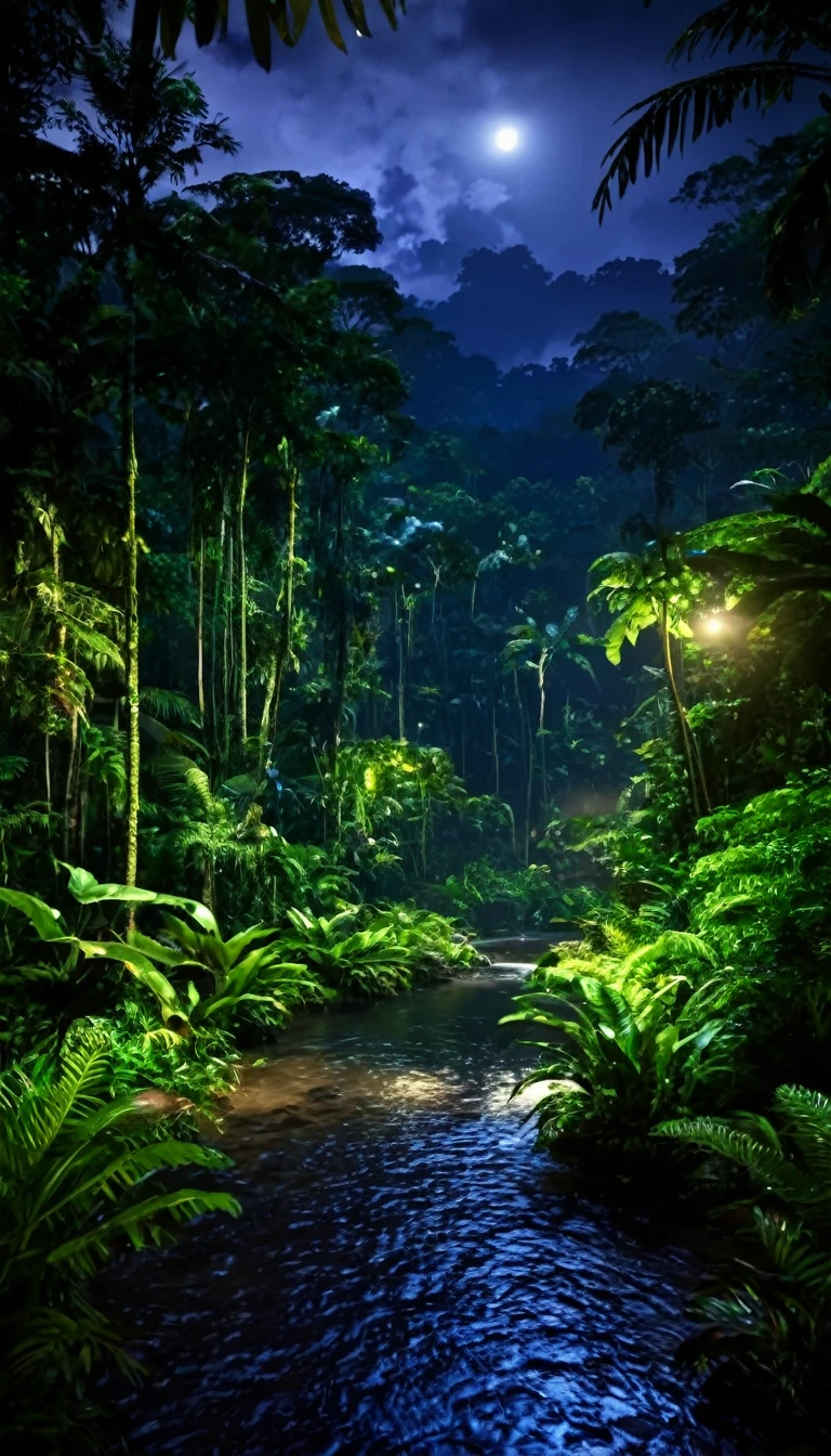 nature, Ultra realistic , night time , lush tropical rainforests , water stream,