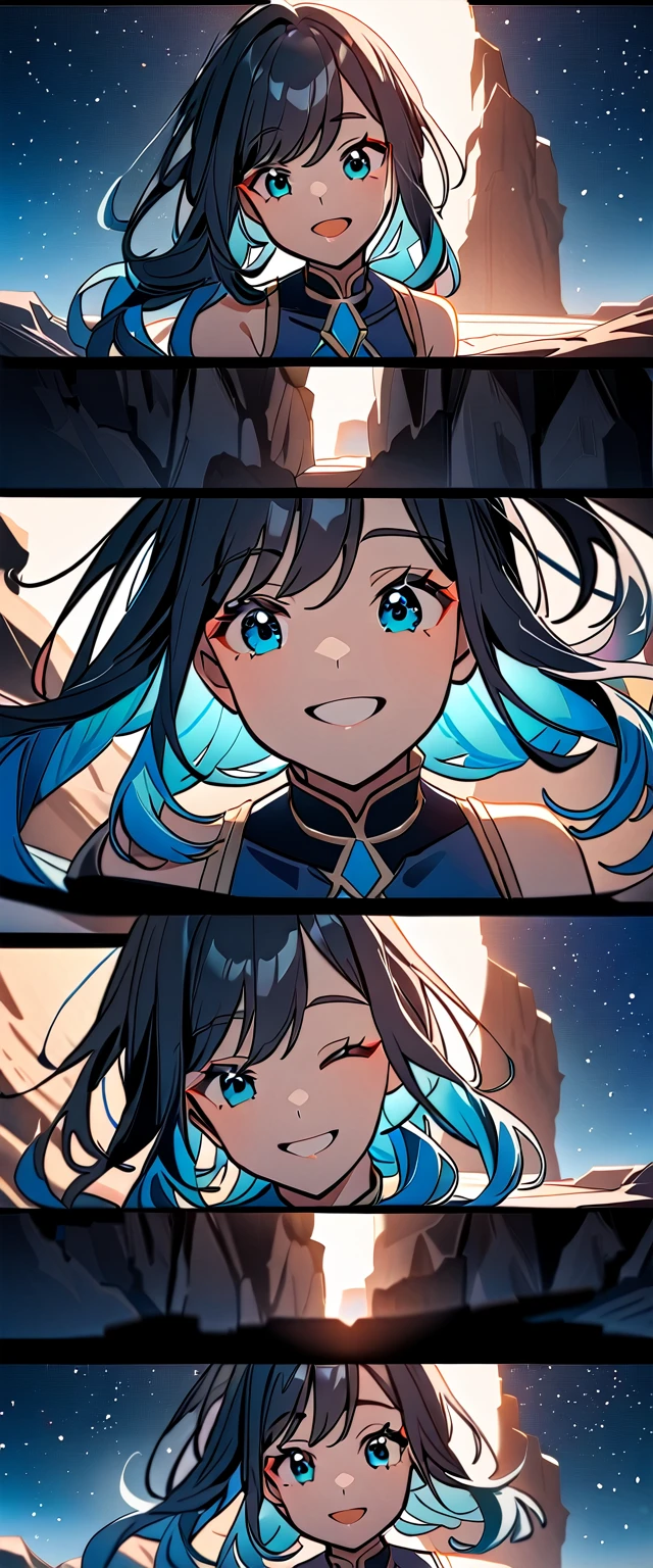 Photo of a high school girl with natural skin, Upper Body, Looking at the camera, laughing, Black and blue gradient hair in twin tails, Sharp eyes with blue eyeshadow, A thin, upturned nose, Well-shaped lips, White off-the-shoulder dress, Makeup, Exquisitely crafted with the utmost attention to detail, Vibrant, amazing, Smooth, Cinematic, 4K, Backlight, Atop a cliff with a beautiful starry sky, Cliff, Shallow depth of field.